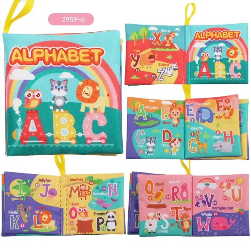 Alphabet fabric book with letter groups, animal illustrations and a rainbow cover