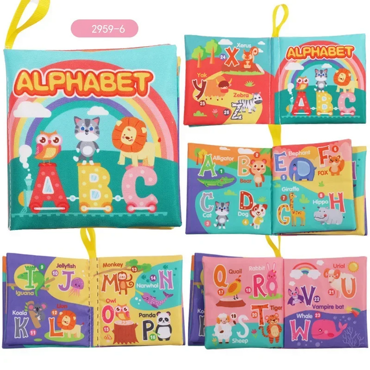 Alphabet fabric book with letter groups, animal illustrations and a rainbow cover