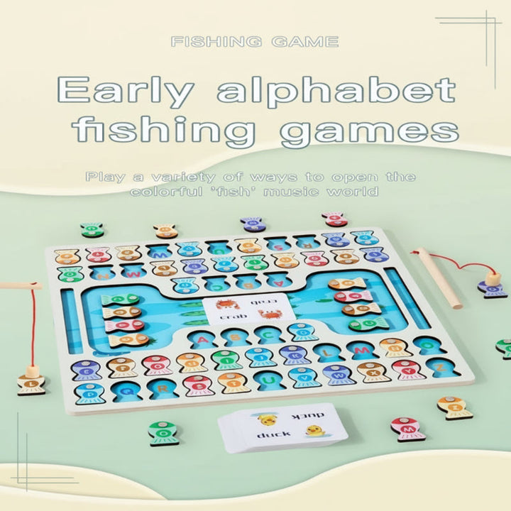 Wooden alphabet fishing game with two rods, colorful fish pieces, and picture cards