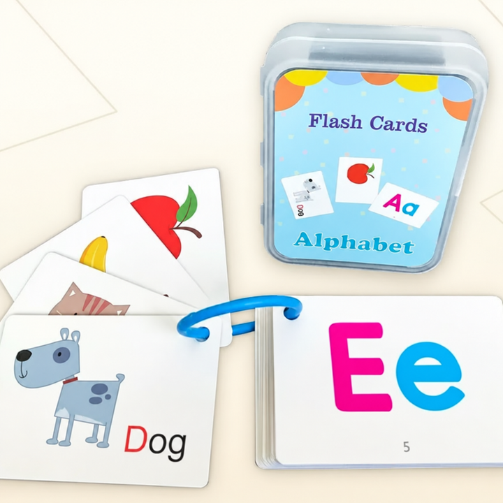 Alphabet flash cards with a dog illustration and uppercase and lowercase Ee, plus a storage case.