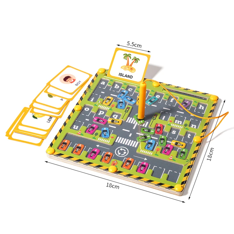 Alphabet board measurement graphic showing an 18 x 18 cm board and a 5.5 cm-wide picture card