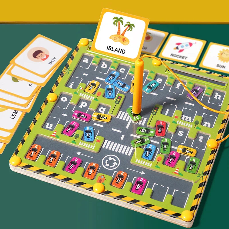 Alphabet magnetic board with lettered cars, a yellow pen and picture-and-word cards