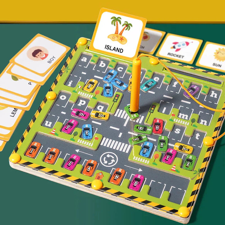 Alphabet magnetic board with lettered cars, a yellow pen and picture-and-word cards
