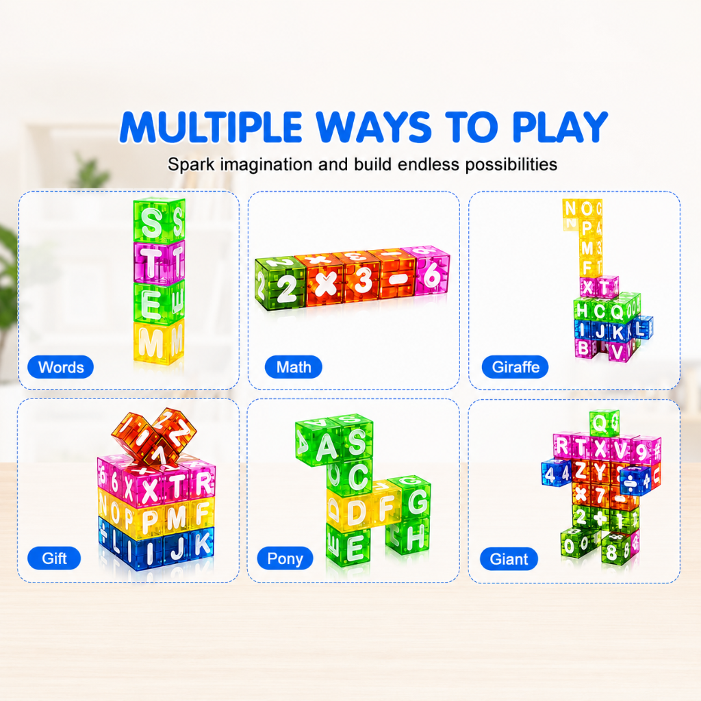 Magnetic cubes arranged into words, a math equation, animal shapes, and stacked structures