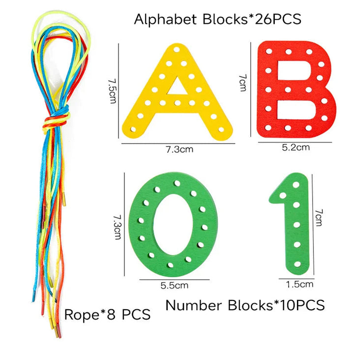 Contents and measurements chart showing 26 letter pieces, 10 number pieces, and 8 lacing cords