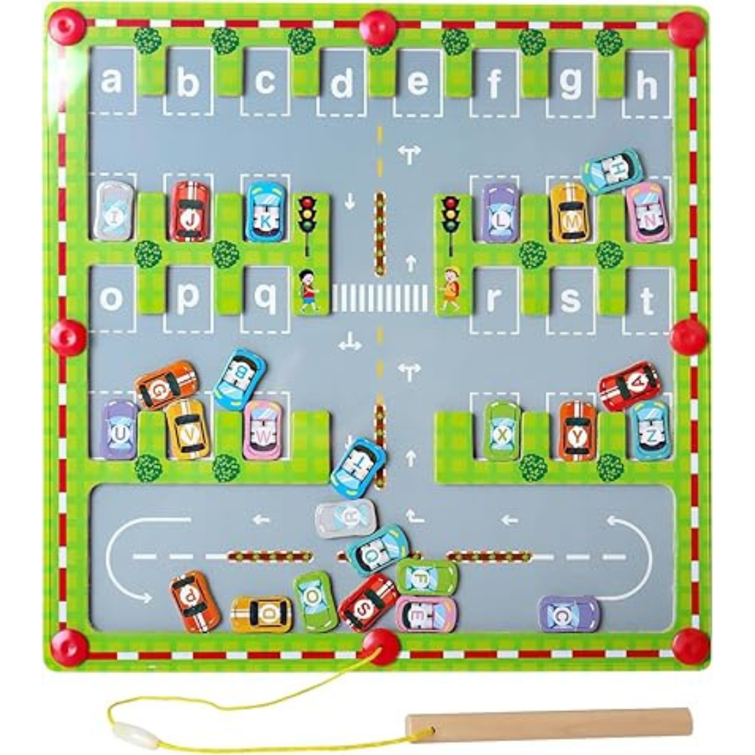 Front view of the car-themed magnetic alphabet board with lettered parking spaces and a pen