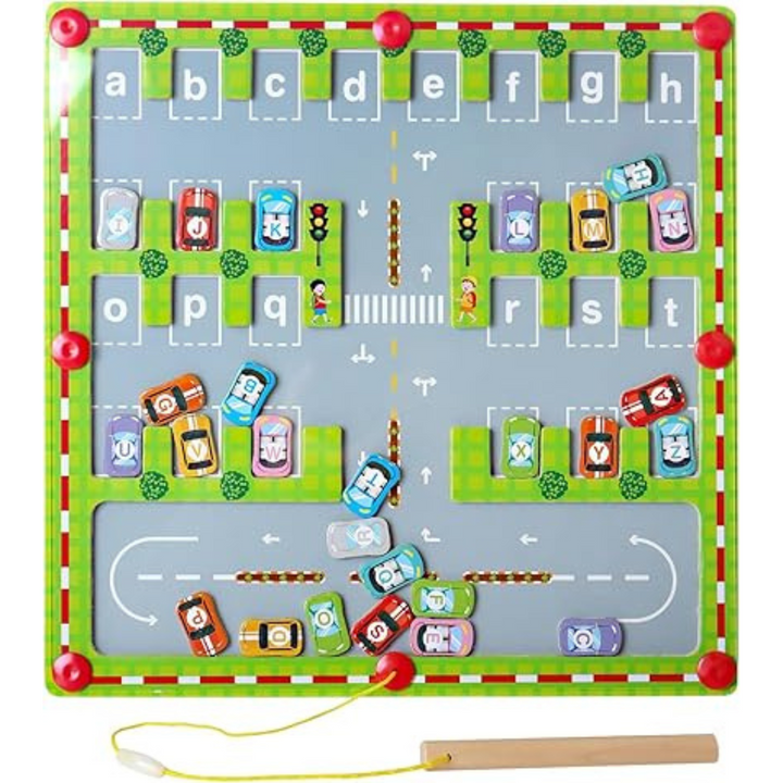 Front view of the car-themed magnetic alphabet board with lettered parking spaces and a pen
