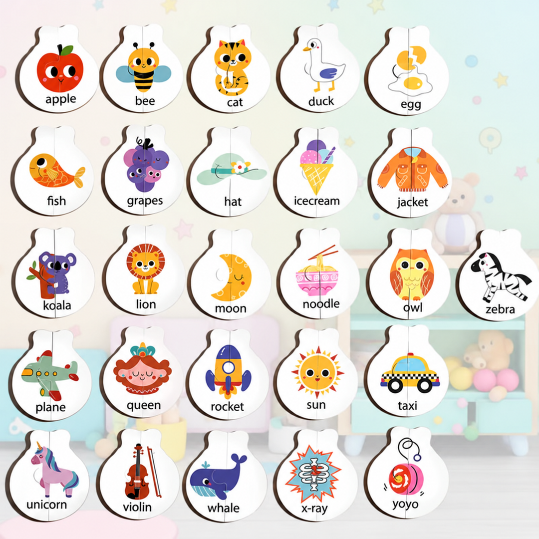 Illustrated puzzle sides showing animals and everyday objects with their printed names