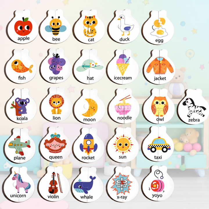 Illustrated puzzle sides showing animals and everyday objects with their printed names