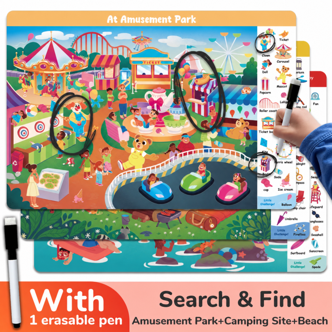 Amusement park search-and-find book set with camping and beach scenes and an erasable pen