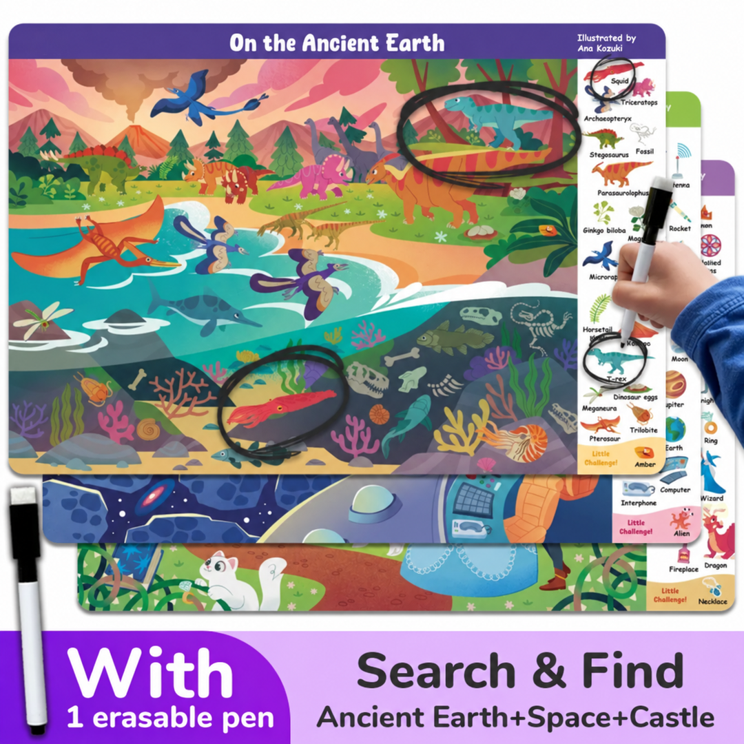 Ancient Earth search-and-find book set with space and castle scenes and an erasable pen