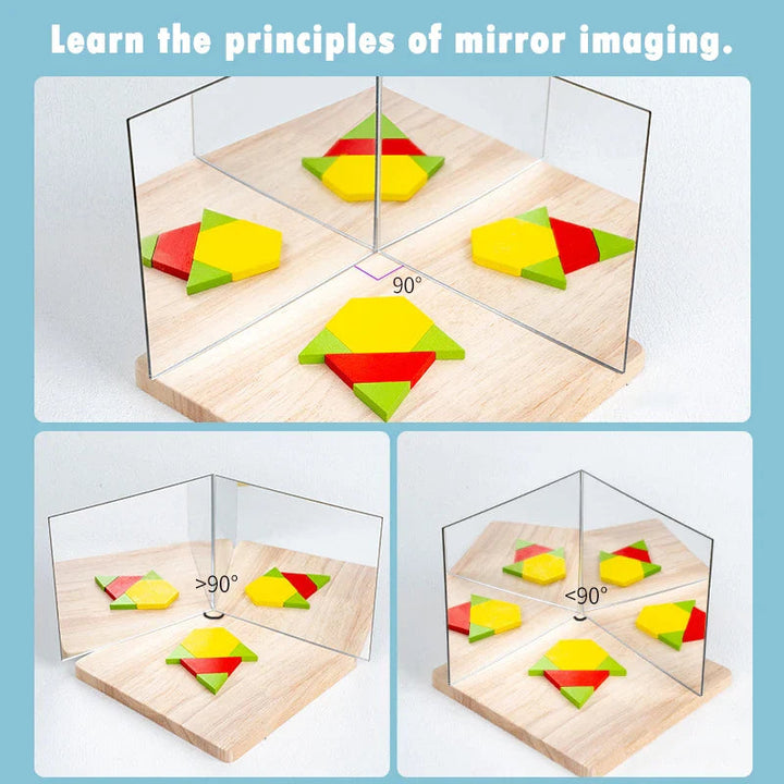 Geometric blocks reflected in mirror panels set at different angles.