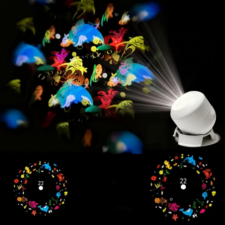 Angled white night light projecting colorful sea creatures, with ocean pattern previews below