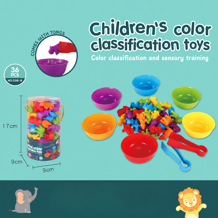 Animal A sorting set with animal figures, six colored bowls, two tongs, and a storage tube