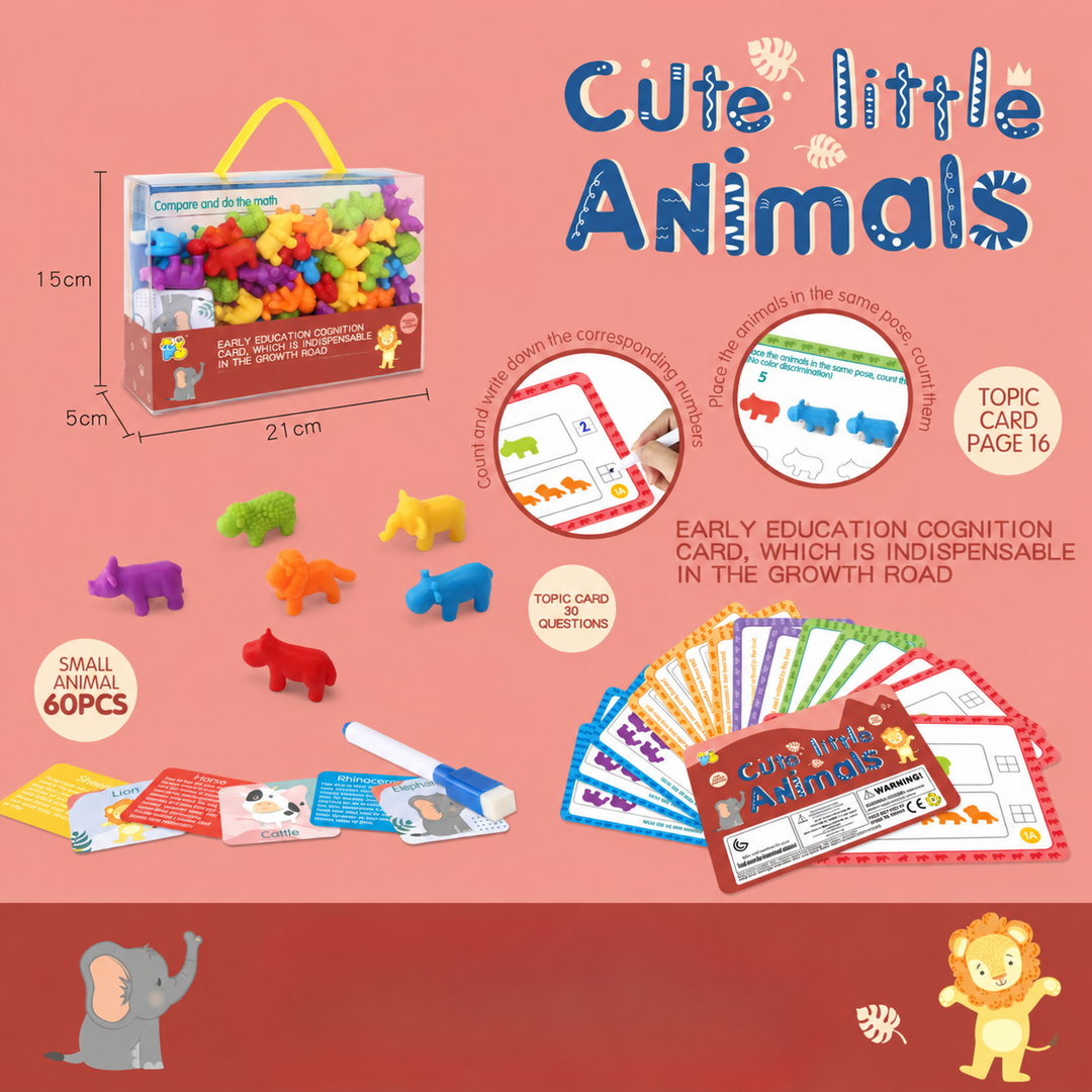 Animal A activity set with colorful figures, learning cards, a marker, and a handled case
