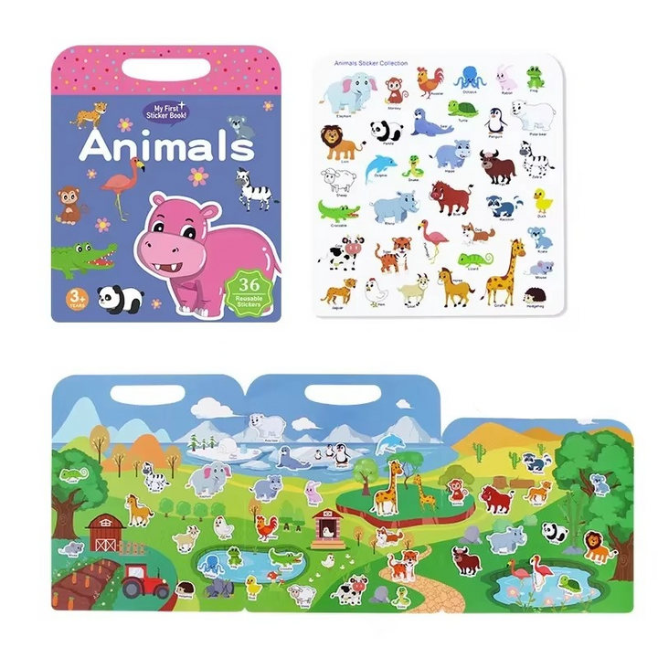 Animal activity book with a sticker sheet and a foldout habitat scene
