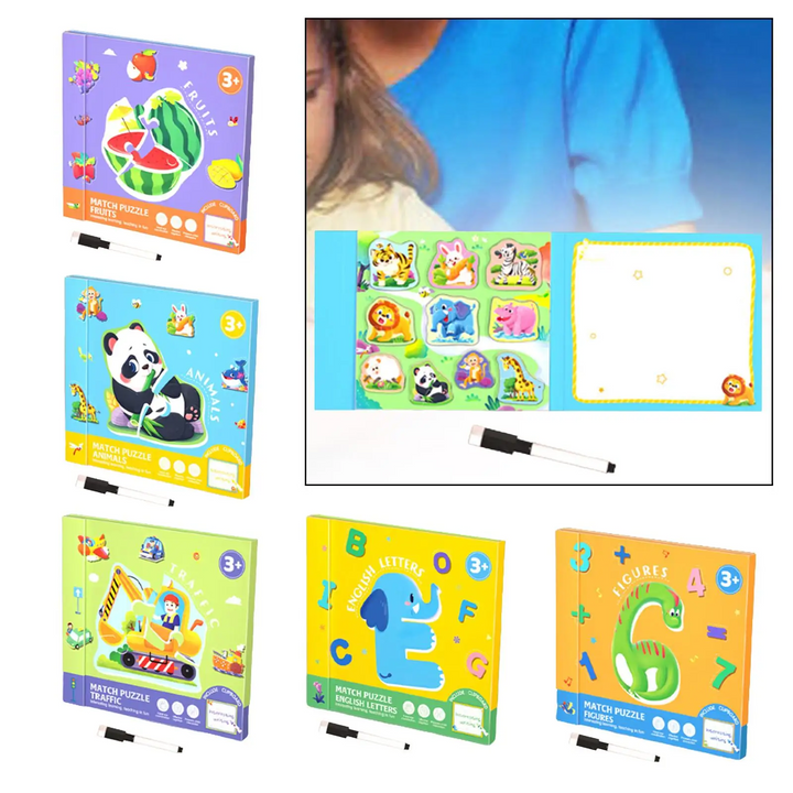 Open animal puzzle and drawing book with a pen alongside five theme covers.