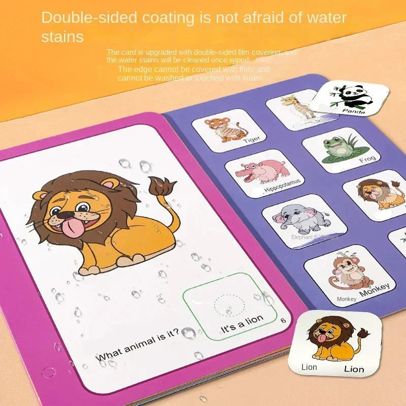 Water droplets on animal activity pages beside a removable lion picture