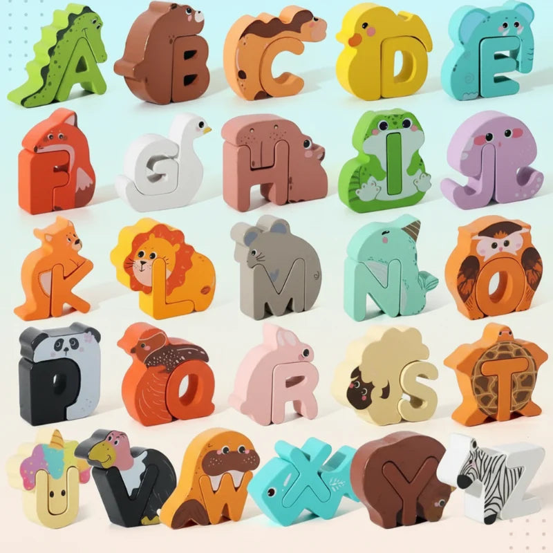 Colorful A-Z wooden animal alphabet puzzles arranged in rows.