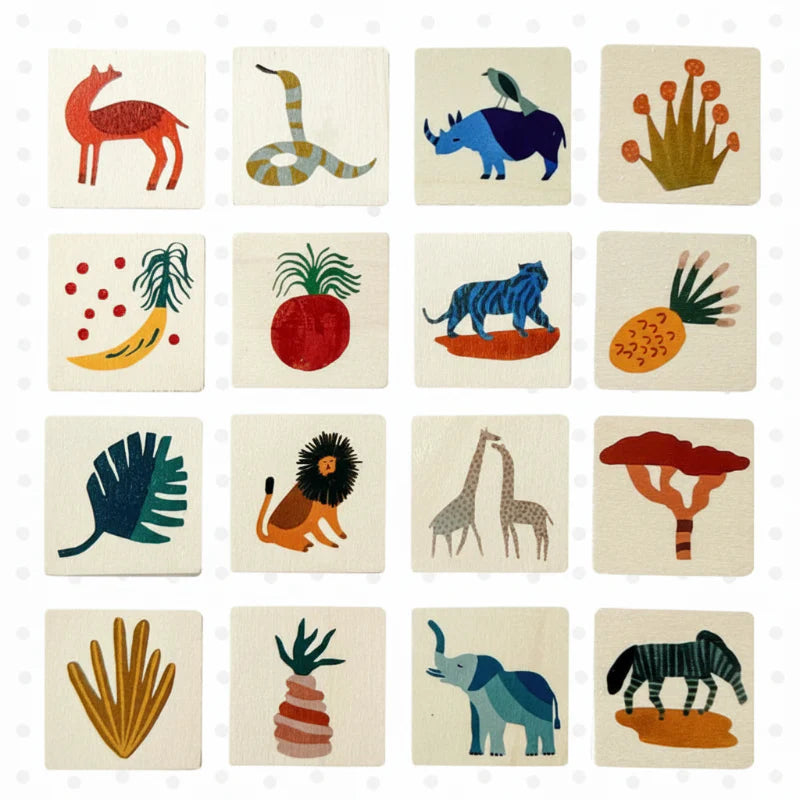 Grid of 16 animal and nature illustrations on square wooden memory tiles