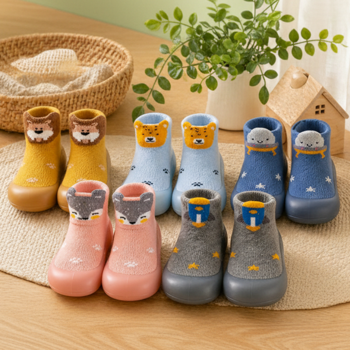 Knitted sock shoes with animal and rocket details in yellow, pink, blue, light blue, and gray.