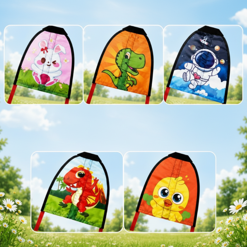 Five handheld kite designs: rabbit, green dinosaur, astronaut, red dinosaur, and duck