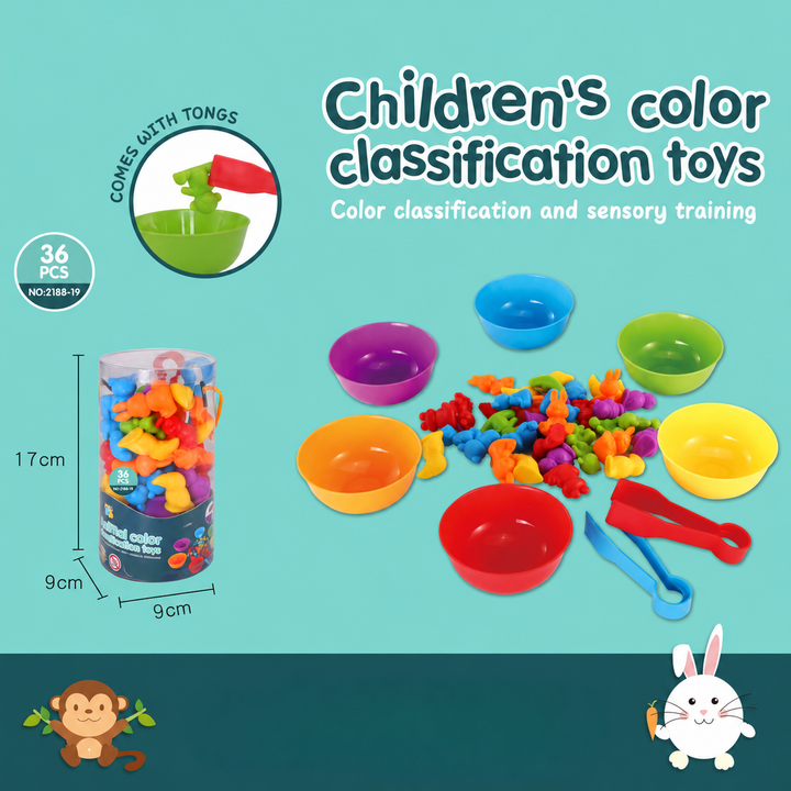 Animal B sorting set with animal figures, six colored bowls, two tongs, and a storage tube