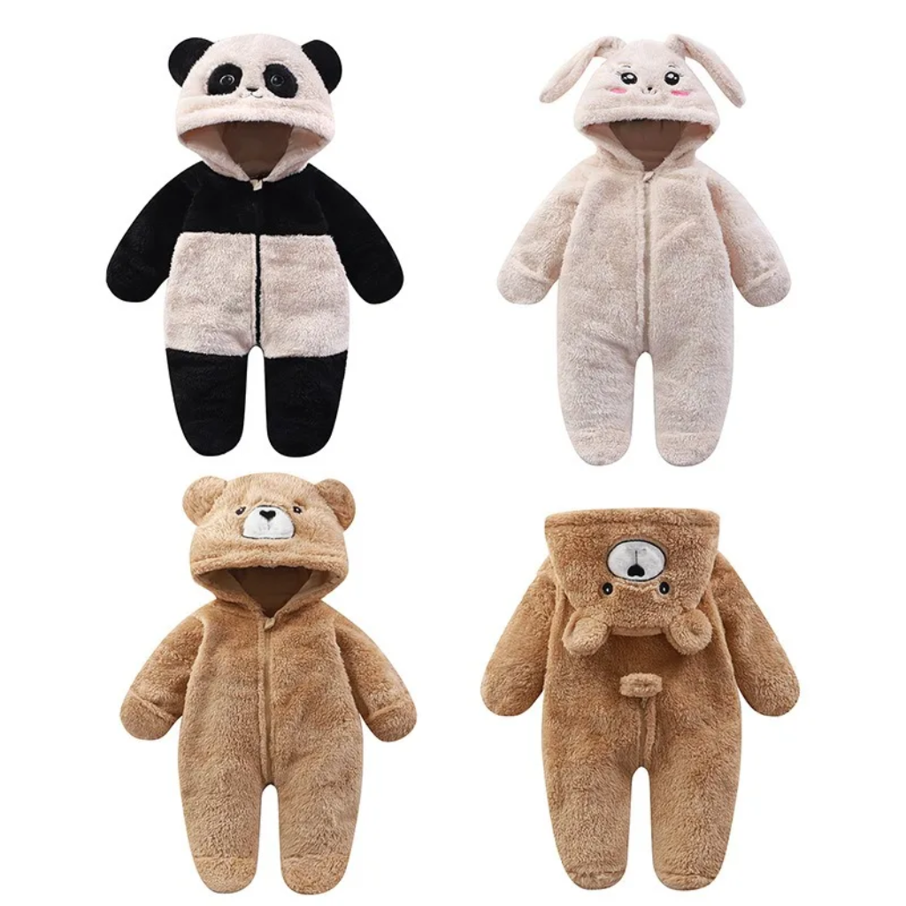 Panda, bunny, and bear baby onesies, including front and back views of the bear design.