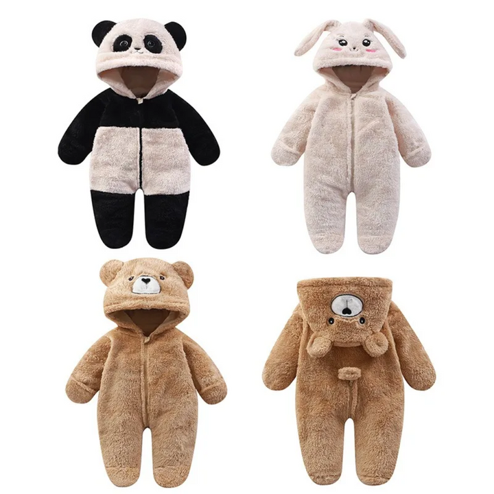 Panda, bunny, and bear baby onesies, including front and back views of the bear design.