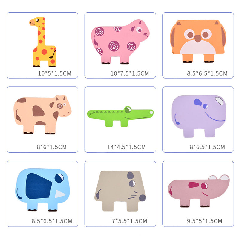 Measurement chart for nine wooden animal shapes, with dimensions in centimeters