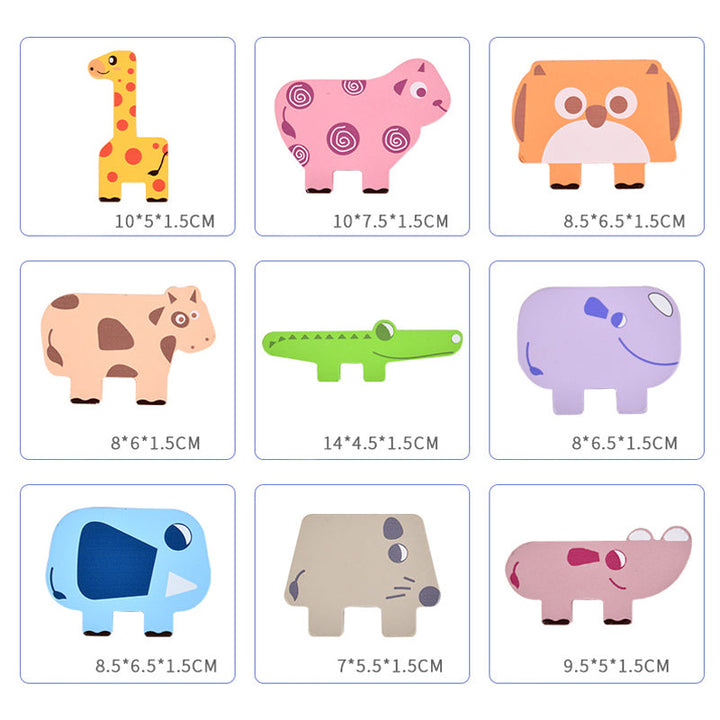 Measurement chart for nine wooden animal shapes, with dimensions in centimeters
