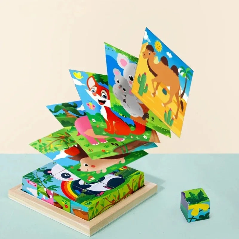 Animal picture designs shown above a wooden cube puzzle, with a loose block beside the tray.