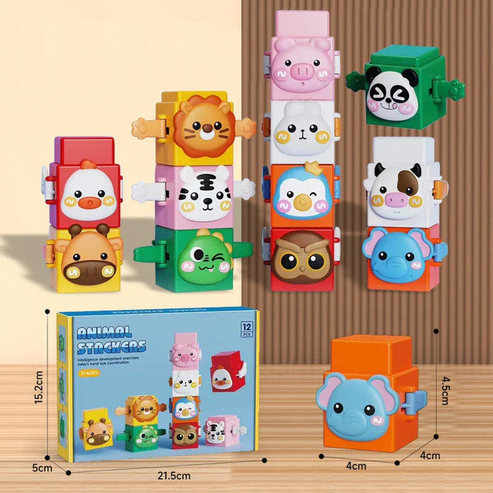 Animal stacking blocks with their box and measurement diagrams for the packaging and an individual block.