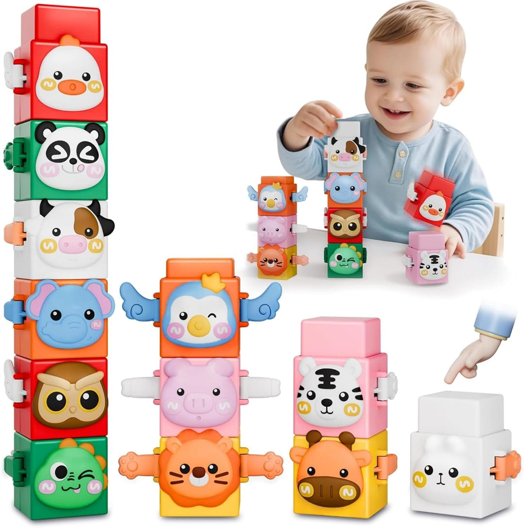 Animal blocks arranged in tall and short towers, with a child stacking blocks in the inset.