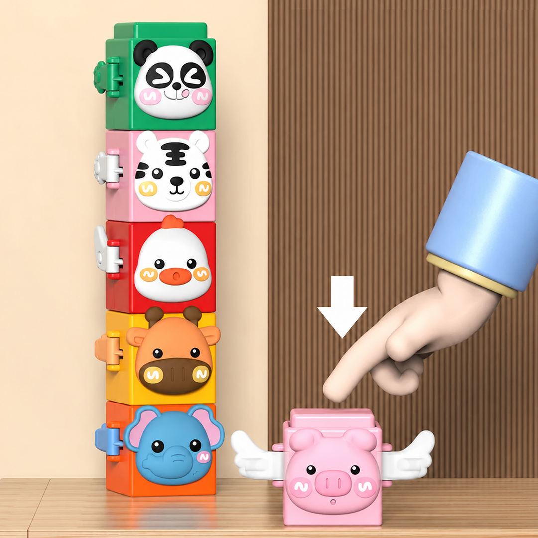 A tower of five animal blocks beside a separate pink pig block.