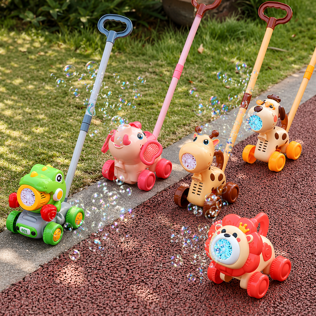 Animal bubble push carts with long handles blowing bubbles beside a garden path.
