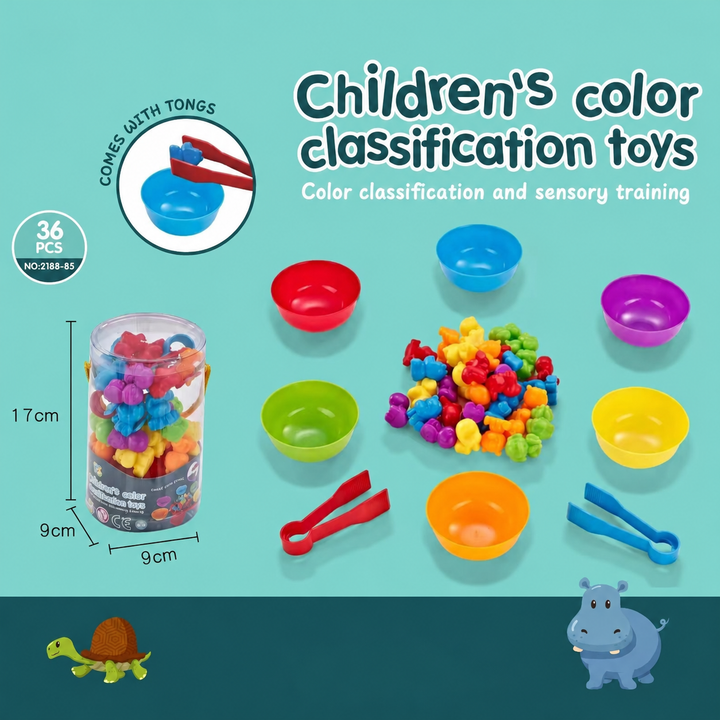 Animal C sorting set with assorted animal figures, six bowls, two tongs, and a storage tube