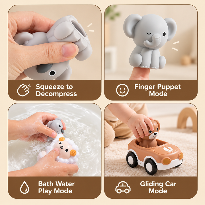 Four-panel demonstration of squeezing, finger puppets, water play and rolling an animal car
