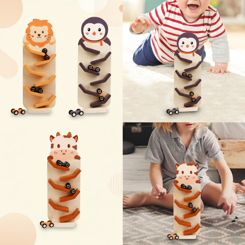 Collage of animal car ramp designs and children playing with the penguin and cow tracks