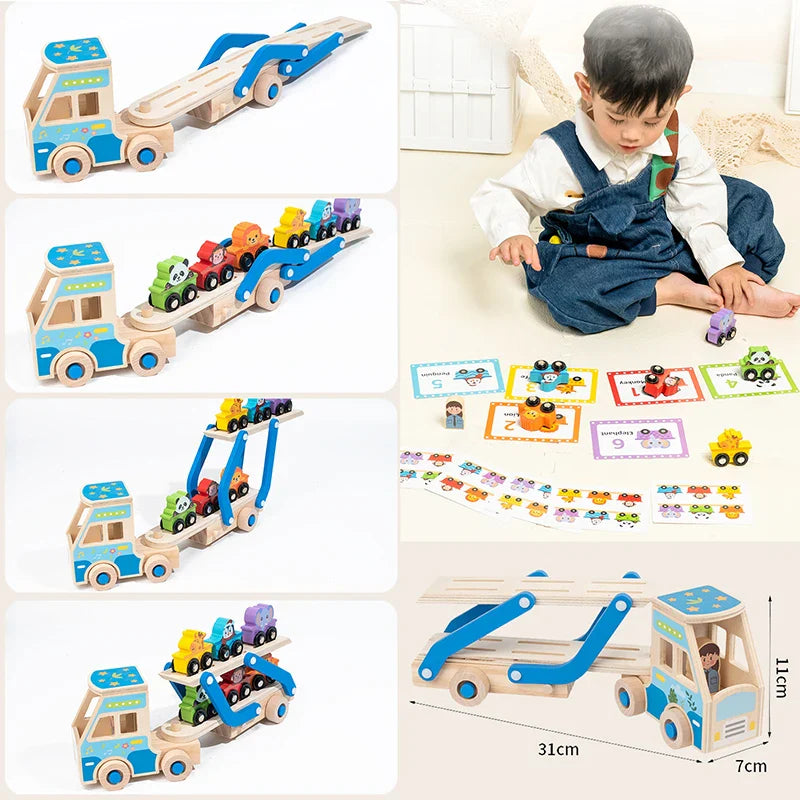 Blue wooden truck showing ramp positions, animal card-matching play, and truck measurements.