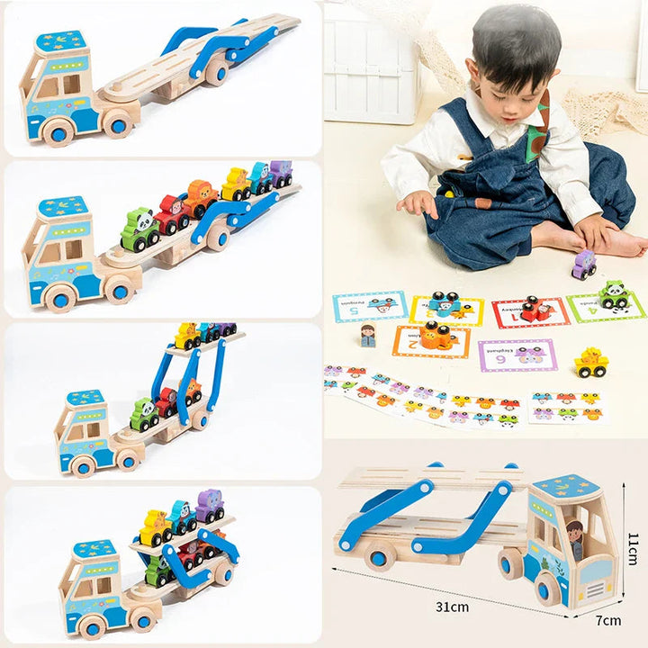 Blue wooden truck showing ramp positions, animal card-matching play, and truck measurements.