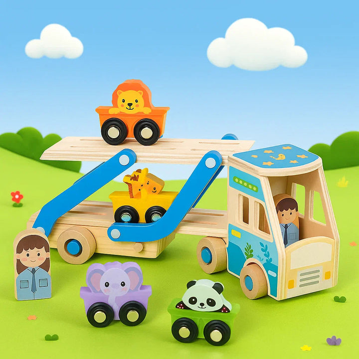 Blue wooden carrier truck with animal vehicles and a driver figure in a colorful play scene.