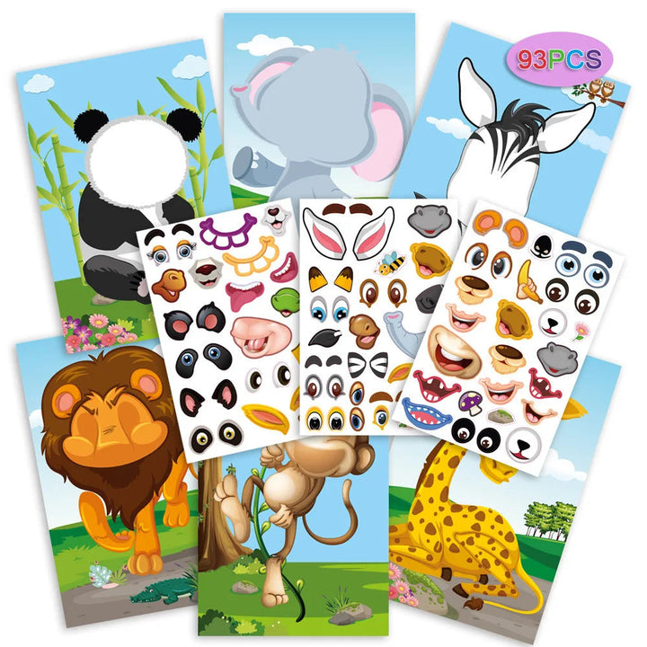 Animal face cards with three sheets of mix-and-match facial stickers