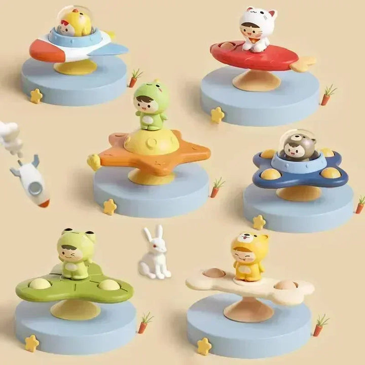 Six animal-character suction-cup spinners in assorted shapes and colors