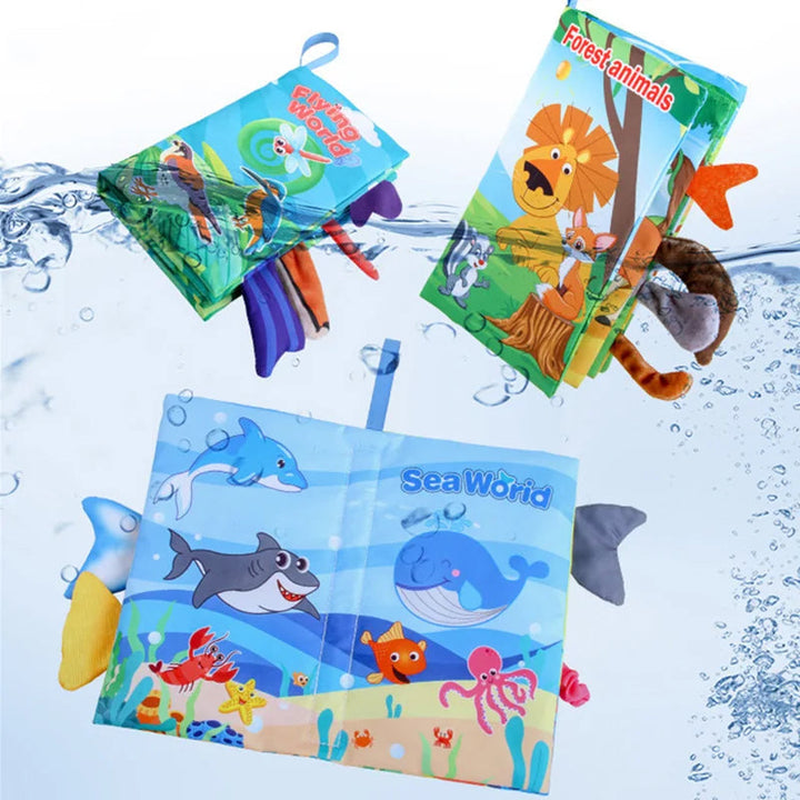 Forest, bird, and ocean fabric books displayed against a splashing-water background.