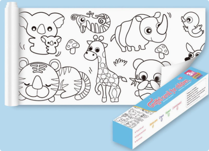Animal-pattern coloring roll beside its blue box