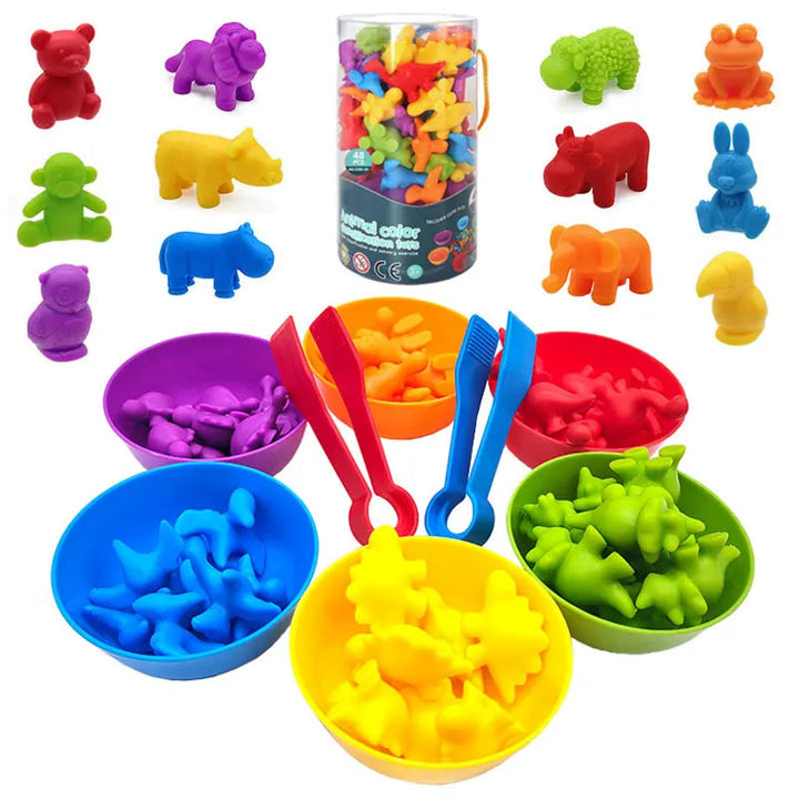 Colorful animal counters with six sorting bowls, two tongs, and a storage tube