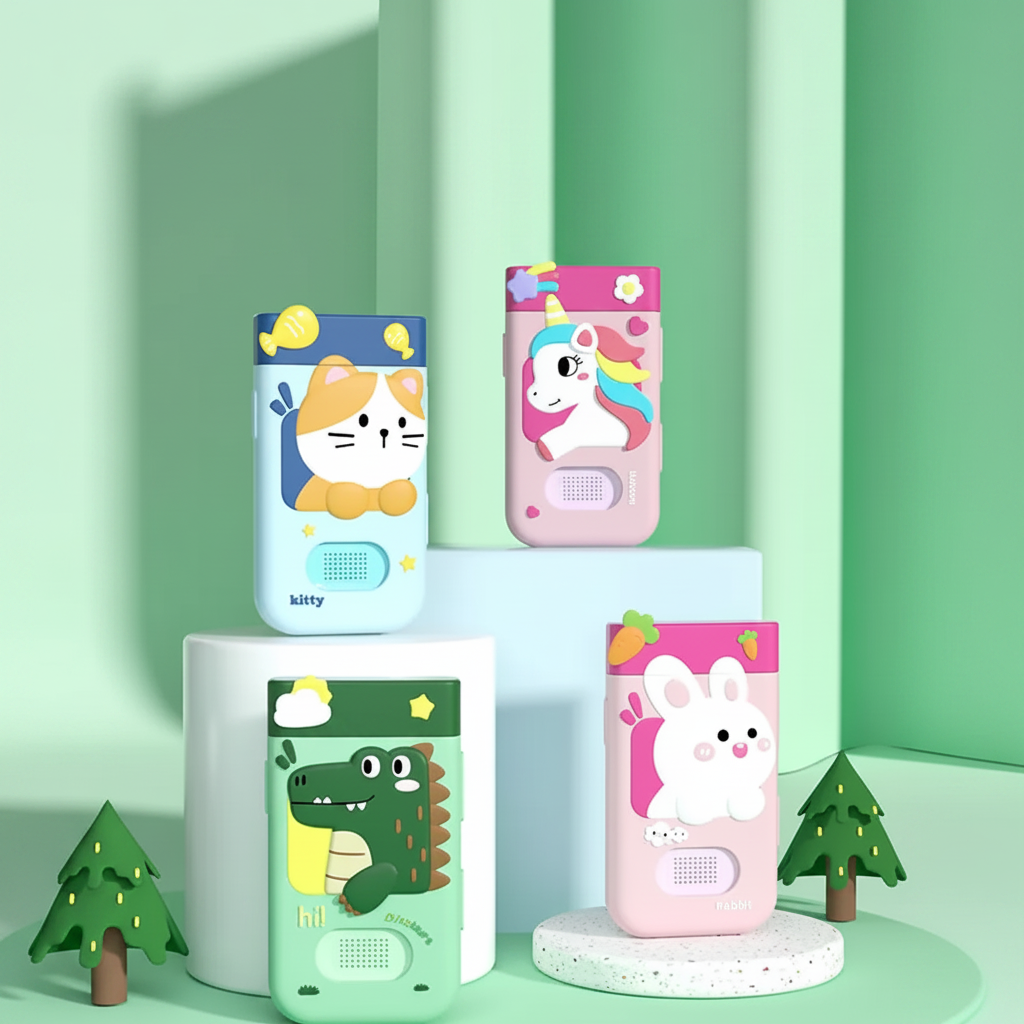 Unicorn, rabbit, cat and dinosaur kids' smartphones displayed on mint-colored platforms