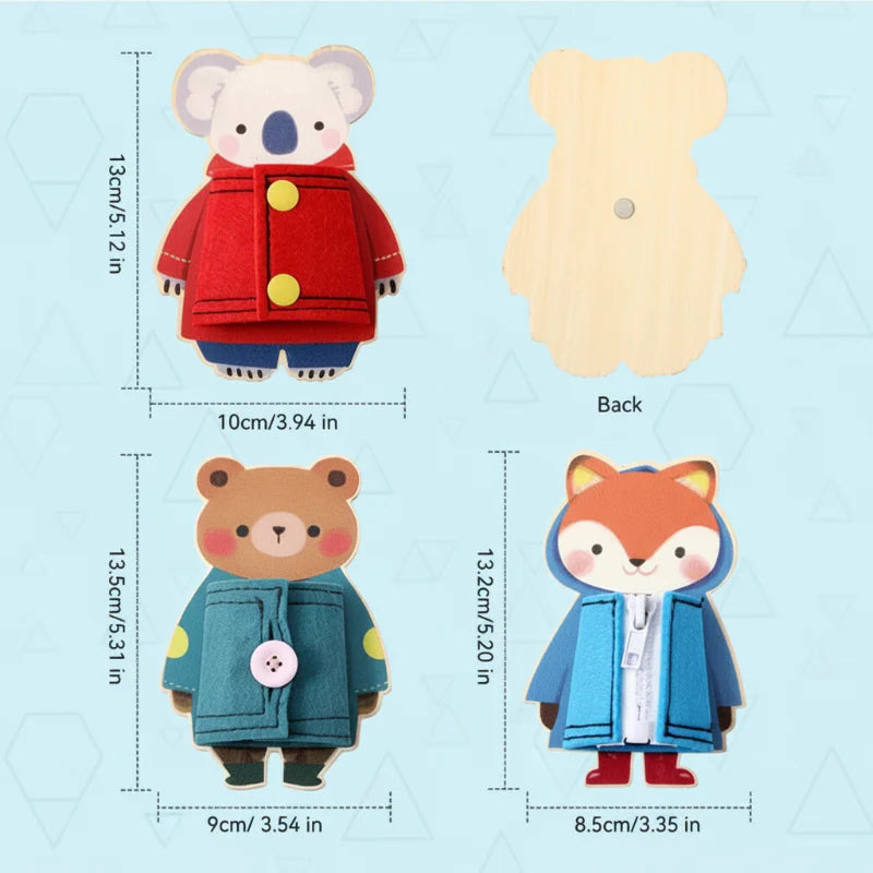 Size chart for koala, bear, and fox dressing boards, including the wooden back of the koala