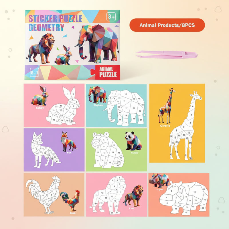 Animal-themed sticker puzzle set with eight designs and pink tweezers